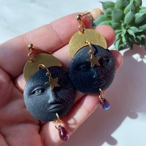 Polymer Clay Earrings | Boho Clay Earrings | Celestial Clay Earrings | Moon Star